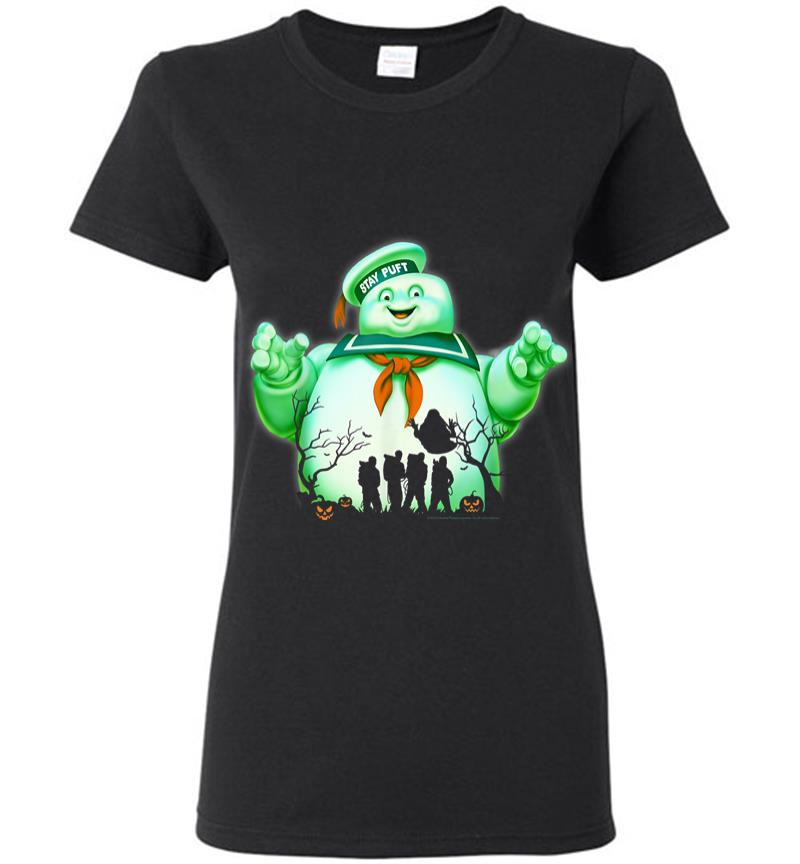 Ghostbusters Marshmallow Man Group Shot Silhouette Women T-Shirt