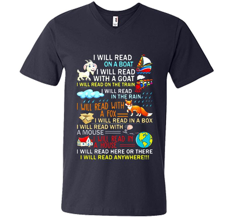 Inktee Store - I Will Read Here Or There I Will Read Anywhere V-Neck T-Shirt Image