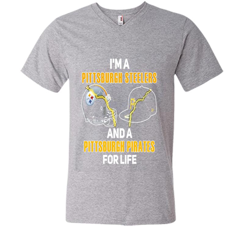 Inktee Store - Im A Pittsburgh Steelers Football And A Pittsburgh Pirates Baseball For Life V-Neck T-Shirt Image