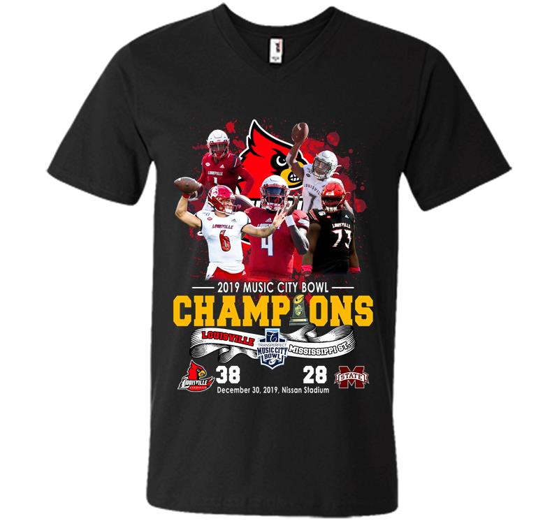 Louisville Cardinals Vs Mississippi State Bulldogs Champions 2019 Music City Bowl V-Neck T-Shirt