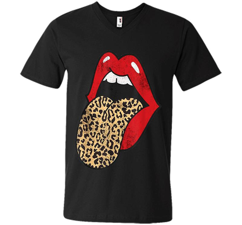 Red Lips Leopard Tongue Cheetah Animal Print Trendy Graphic V-Neck T-Shirt