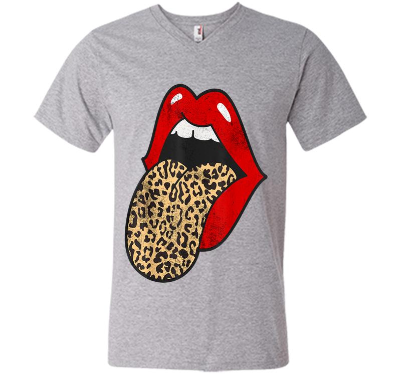 Inktee Store - Red Lips Leopard Tongue Trendy Animal Print V-Neck T-Shirt Image