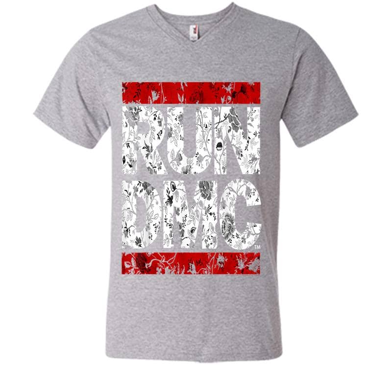 Inktee Store - Run Dmc Official Floral Red Logo V-Neck T-Shirt Image