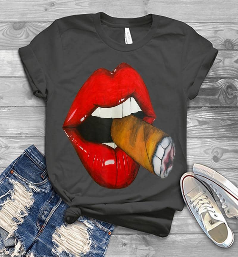 Inktee Store - Sexy Smoke Cuban Cigar Vixen Red Lips Smoking Mens T-Shirt Image