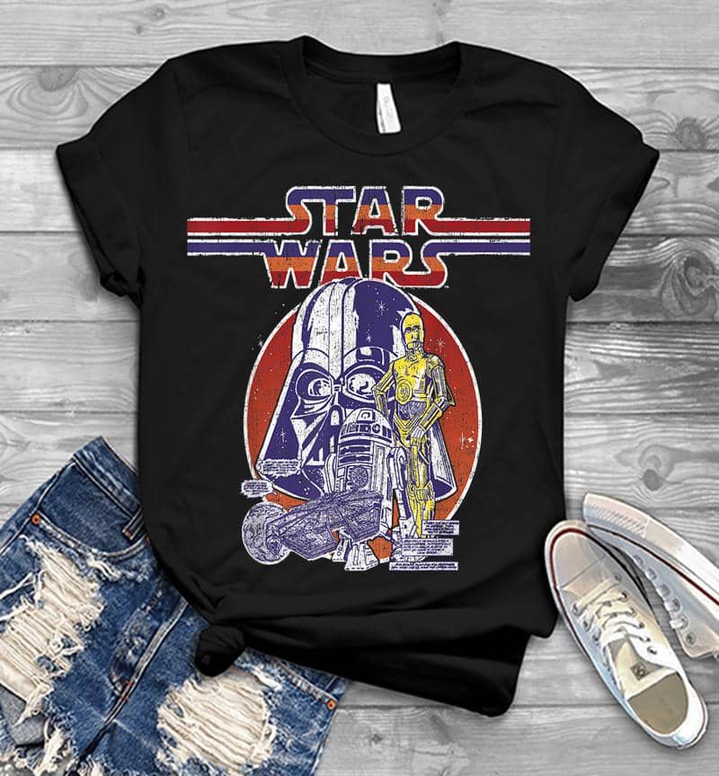 Star Wars C-3Po R2-D2 Vader Retro 70'S Vintage Mens T-Shirt