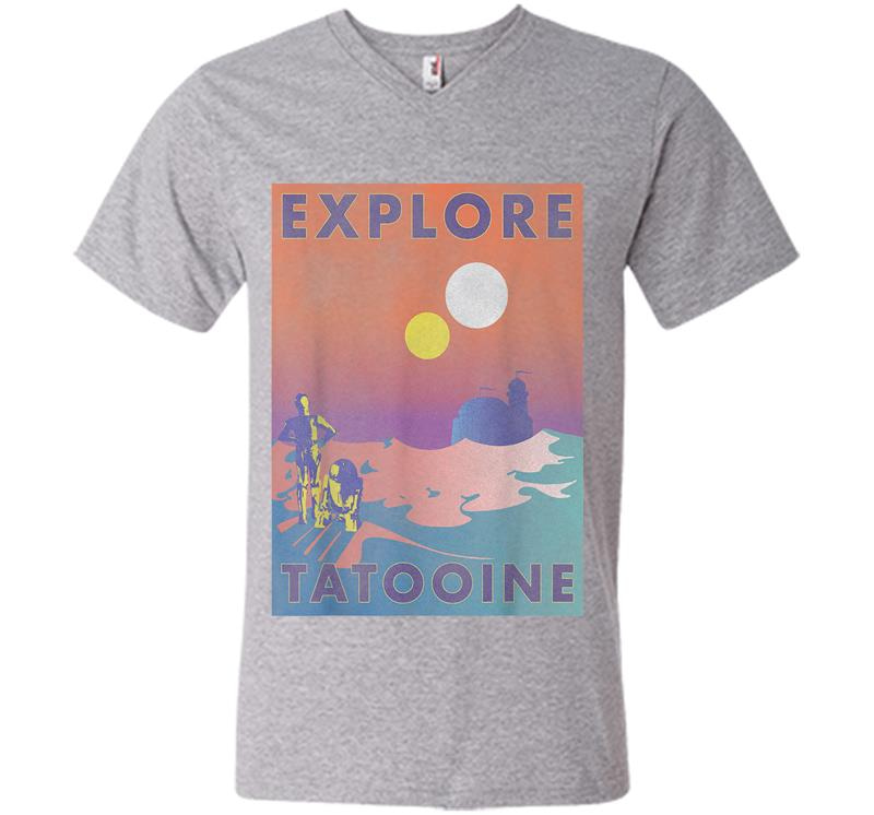 Inktee Store - Star Wars Explore Tatooine Faded Retro C-3Po &Amp; R2-D2 Poster V-Neck T-Shirt Image