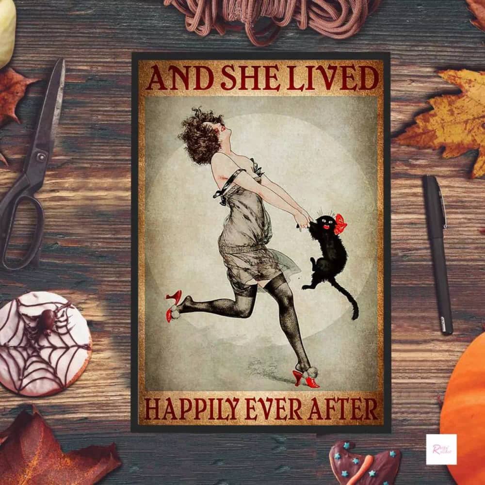 And She Lived Happily Ever After Black Cat Print Dance With Vintage Wall Decoration Poster