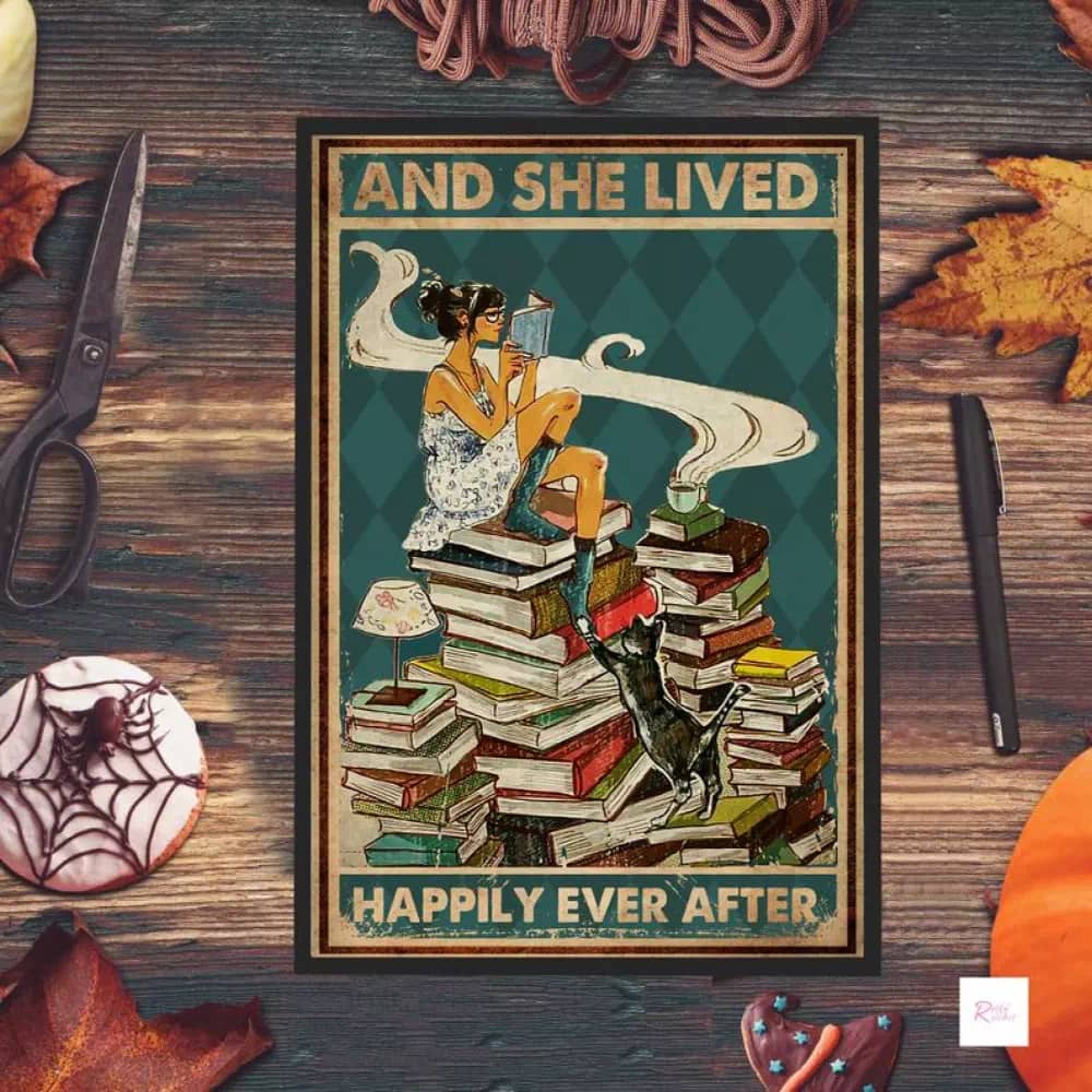 And She Lived Happily Ever After Book Lover Gift Love Reading Print Cat Poster