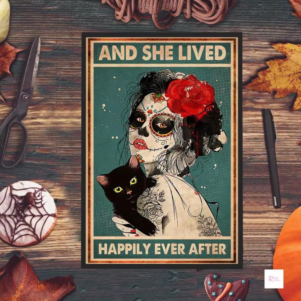 And She Lived Happily Ever After Wicked Witch Halloween Art Black Cat Poster