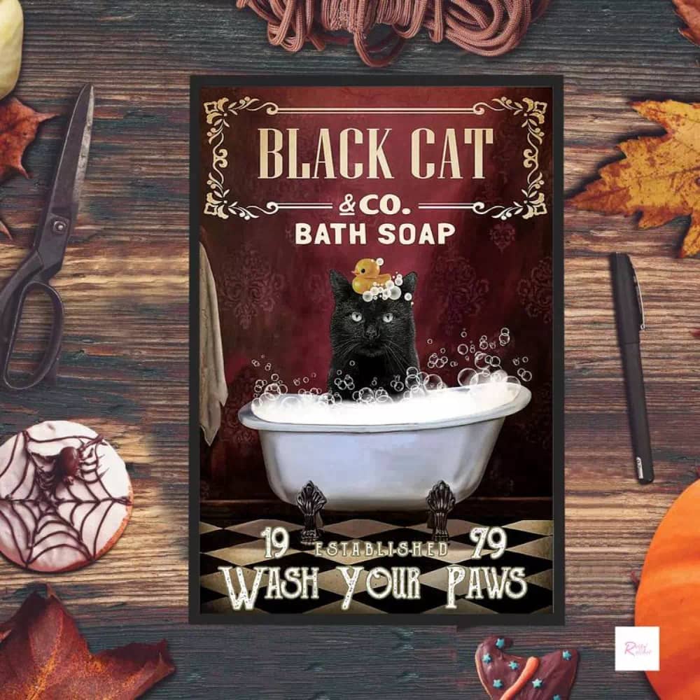 Black Cat & Co. Bath Soap Wash Your Paws - Wall Hanging Art Work Lover Gift Kitty Print Poster