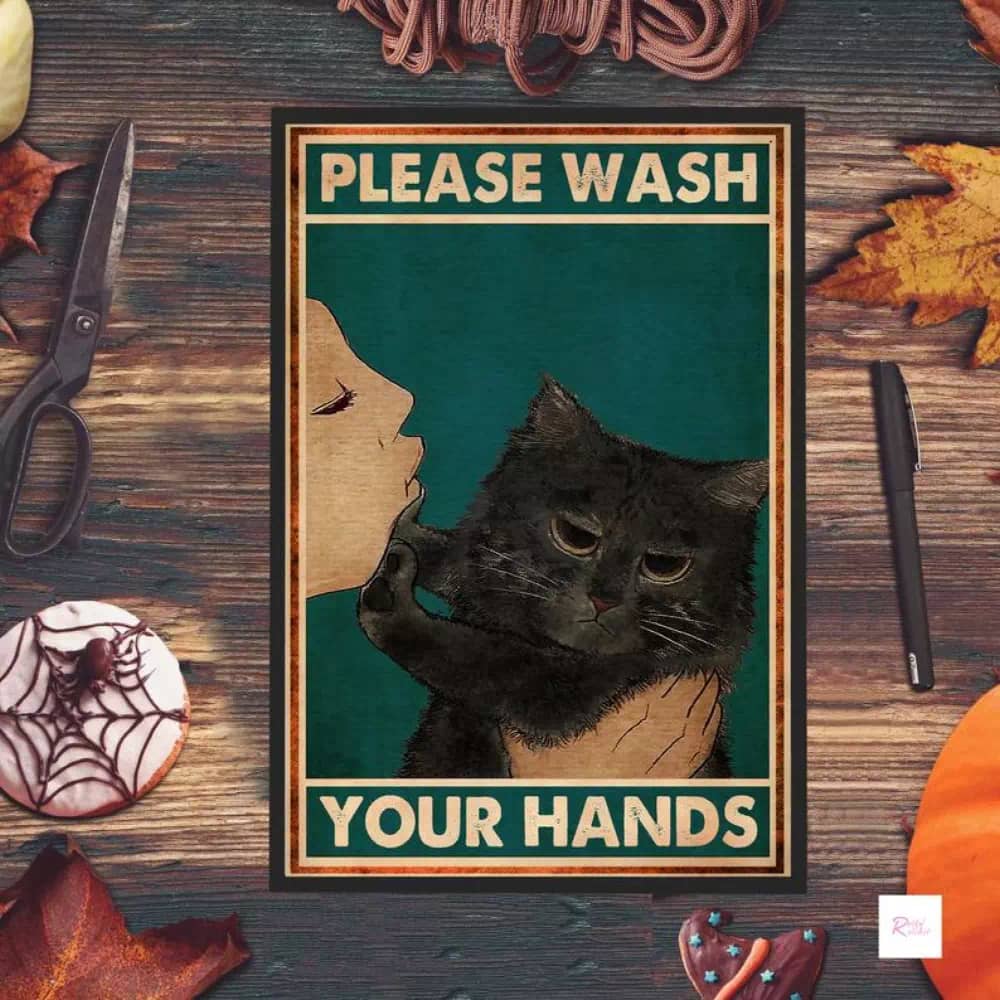Black Cat - Please Wash Your Hands Funny Bathroom Lover Gift Kitty Print Wall Poster
