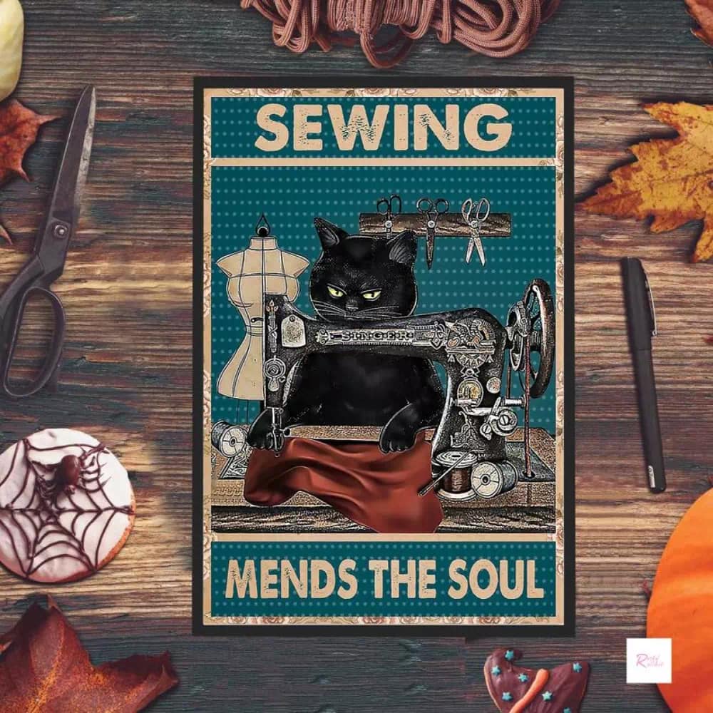 Black Cat - Sewing Mends The Sould Funny Lover Gift Kitty Print Wall Poster
