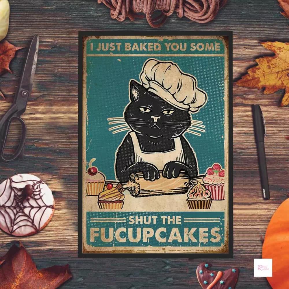 Black Cat - Shut The Fucucakes Bakery Lover Gift Funny Kitty Print Bathroom Wall Poster