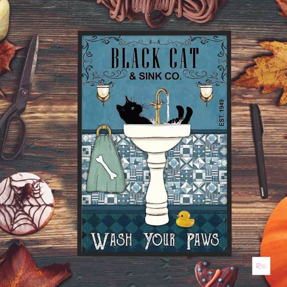 Black Cat - Wash Your Paw Funny Bathroom Lover Gift Kitty Print Wall Poster