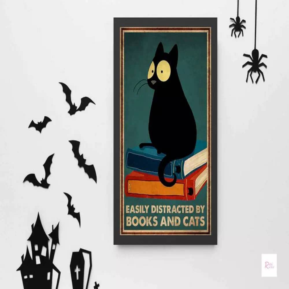 Easily Distracted By Books And Cats Love Reading Book Tea Gift For Lover Print Wall Decor Poster