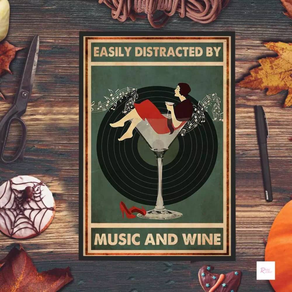 Easily Distracted By Music And Wine Print Lover Printable Wall Art Black Vinyl Poster