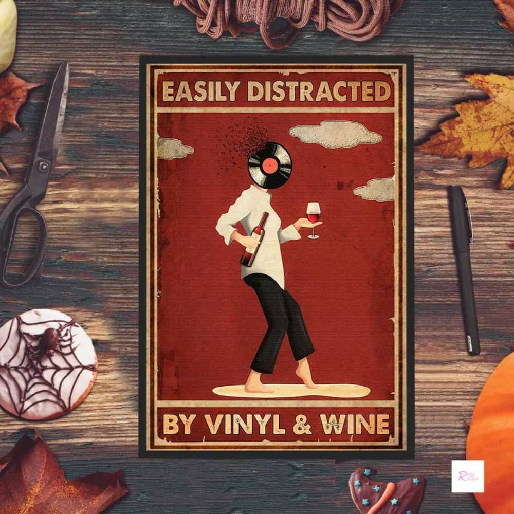 Easily Distracted By Vinyl And Wine Wall Art Girl Drink Print Music Lover Poster
