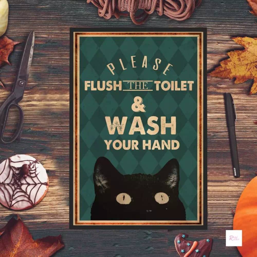 Flush The Toilet Wash Your Hand Black Cat Funny Bathroom Printable Art Lover Gift Wall Decoration Poster