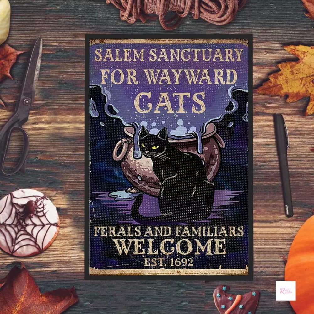Salem Sanctuary For Wayward Cats Cat And Skulls Black Wall Decor Halloween Witch With Brooms Print Poster