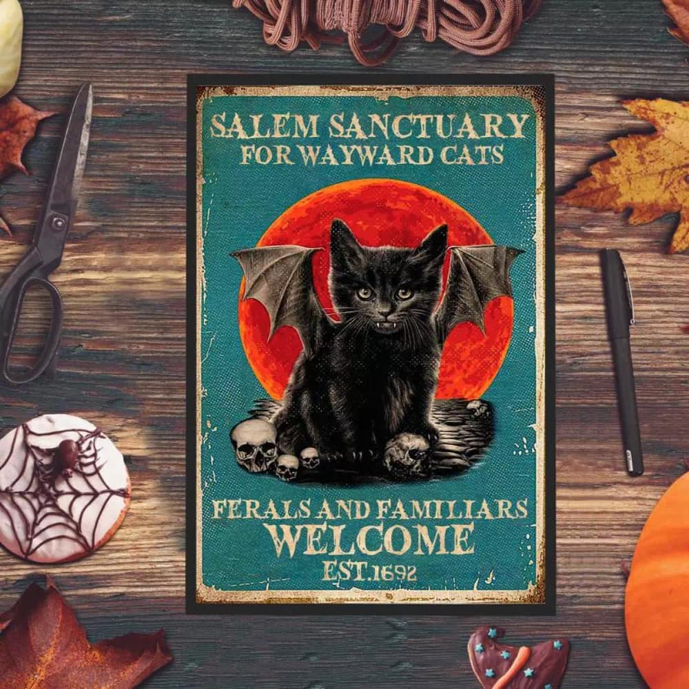 Salem Sanctuary For Wayward Cats Ferals And Familiars Welcome Black Cat Printable Wall Art Wicked Witch Halloween N04 Poster