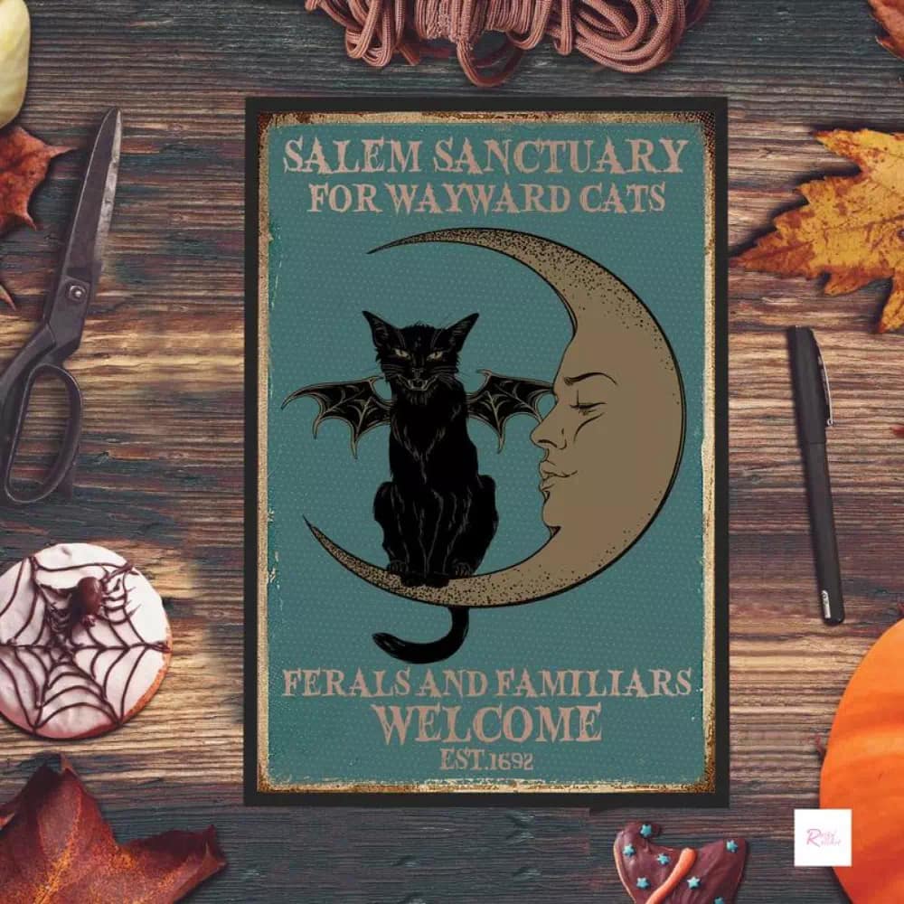 Salem Sanctuary For Wayward Cats Ferals And Familiars Welcome Black Cat Printable Wall Art Wicked Witch Halloween N05 Poster