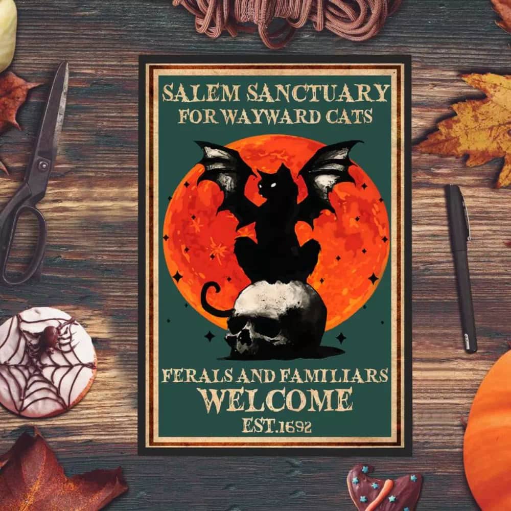 Salem Sanctuary For Wayward Cats Ferals And Familiars Welcome Black Cat Printable Wall Art Wicked Witch Halloween Poster