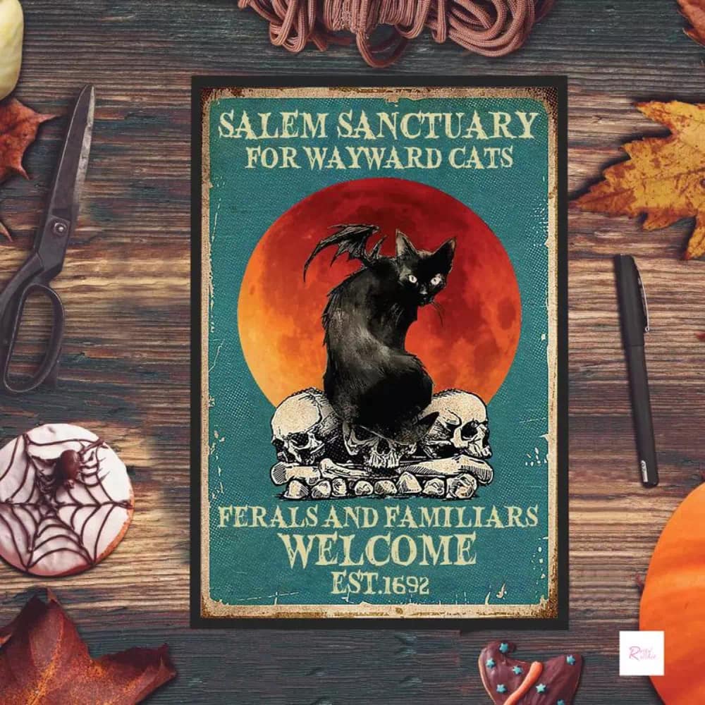 Salem Sanctuary For Wayward Cats Ferals And Familiars Welcome Love Cat Black Halloween Decor Printable Wall Art N04 Poster