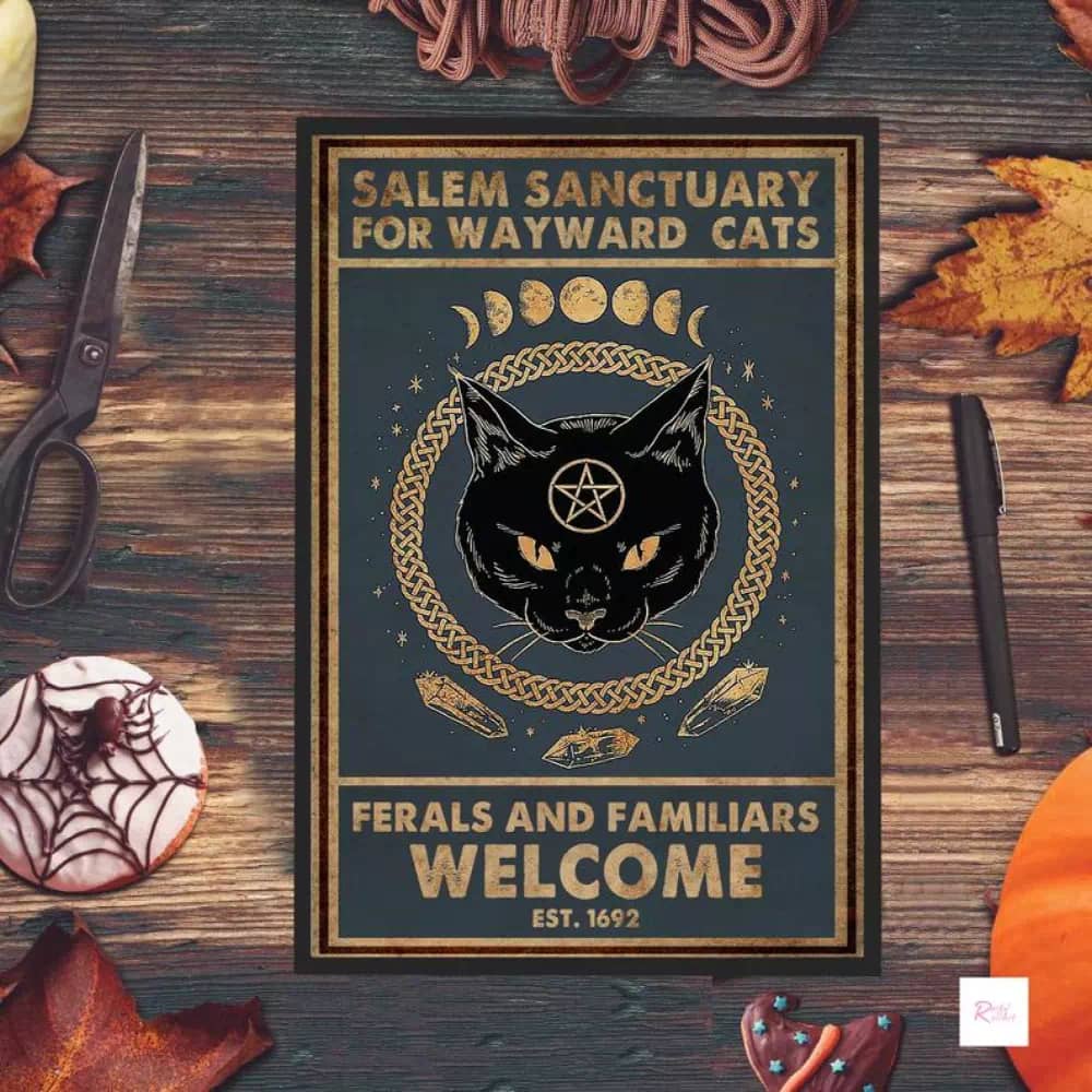 Salem Sanctuary For Wayward Cats Ferals And Familiars Welcome Love Cat Black Halloween Printable Wall Art Poster
