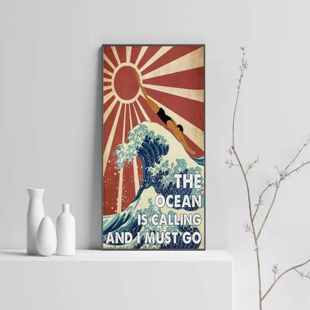 The Ocean Is Calling And I Must Go Canvas Art Surfing Diving Print Swimming Retro Vintage N05 Poster