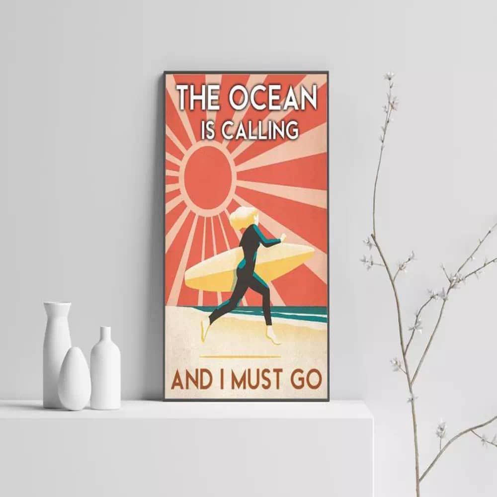 The Ocean Is Calling And I Must Go Canvas Art Surfing Diving Print Swimming Retro Vintage Poster