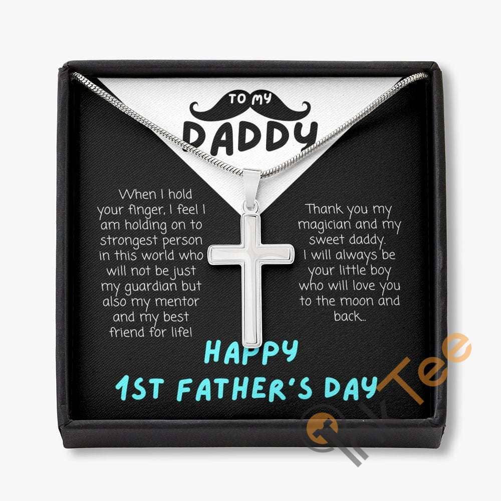 1St Father'S Day Gift From Baby Boy To Daddy First Card Engraving Necklace Personalized Jewelry Cross Personalized Gifts