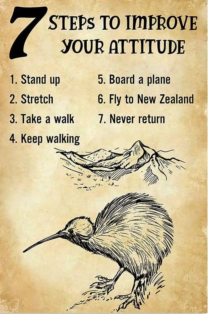 7 Ways To Improve Your Attitude Stand Up Stretch Take A Walk Board Plane Fly New Zealand Never Return Poster
