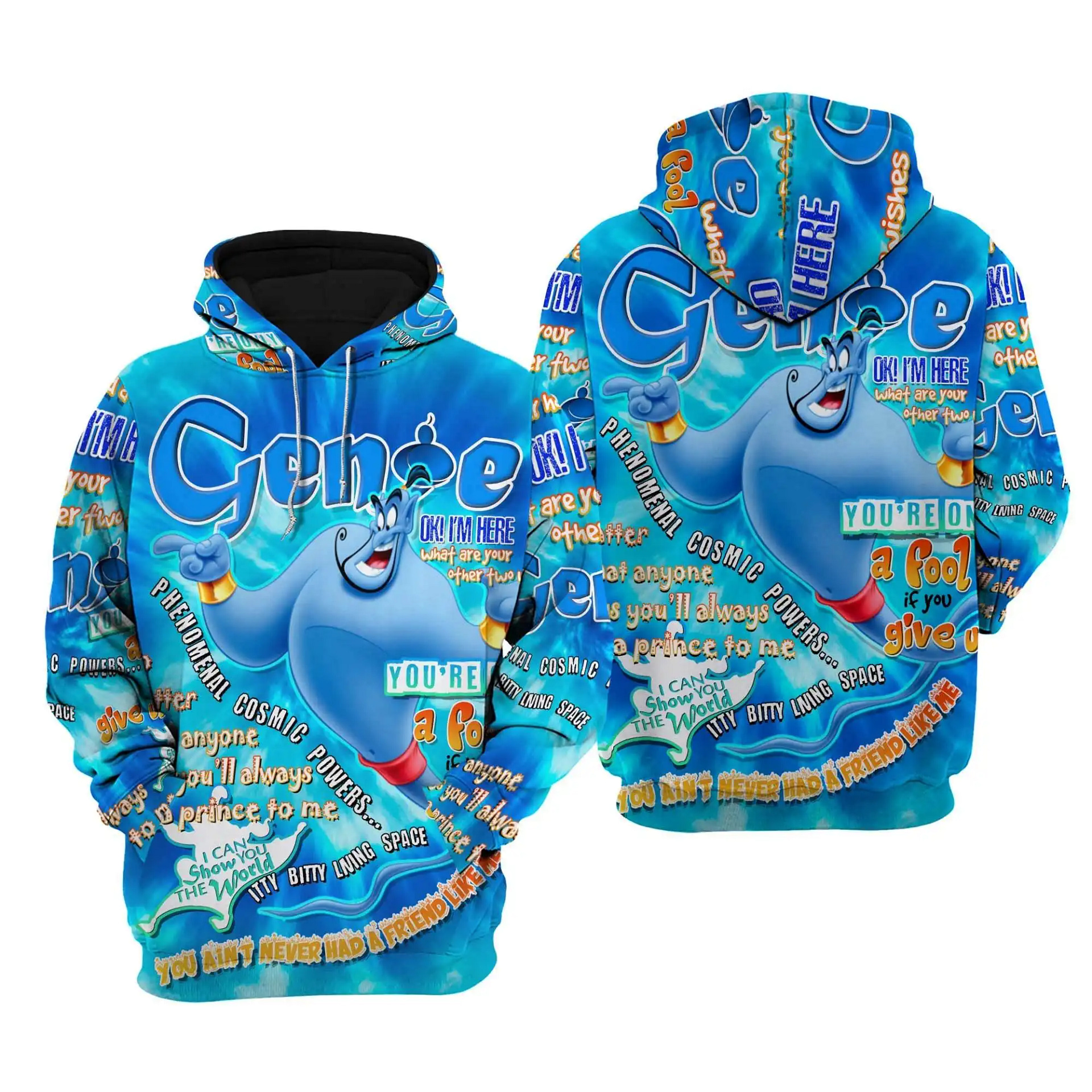 Aladdin Genie Words Pattern Disney Quotes Cartoon Graphic Outfits Clothing Men Women Kids Toddlers Hoodie 3D