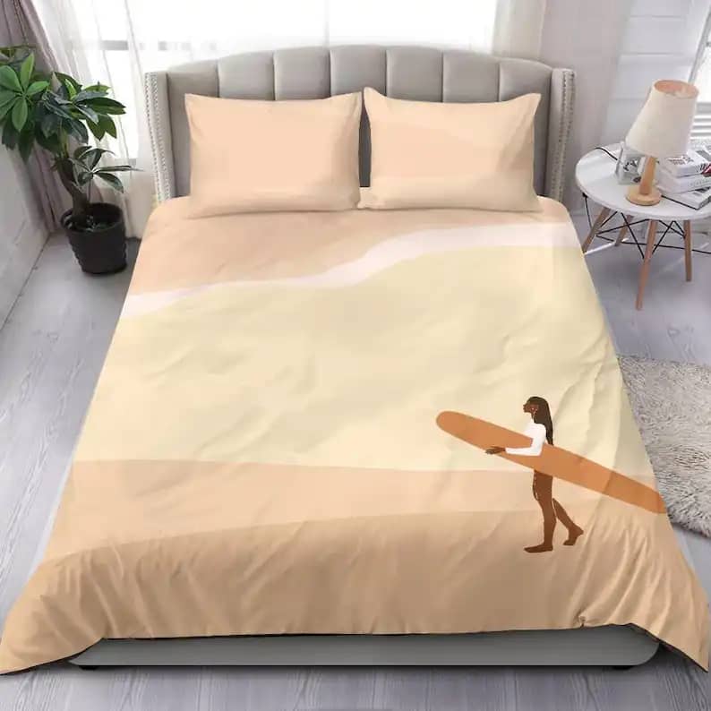 Amazing Bed Set With Orange Landscape Of A Beach And Ocean With Surf Girl For The Best Sleep Quilt Bedding Sets