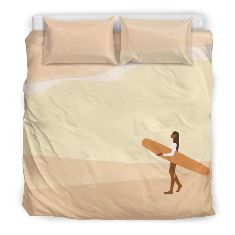 Inktee Store - Amazing Bed Set With Orange Landscape Of A Beach And Ocean With Surf Girl For The Best Sleep Quilt Bedding Sets Image