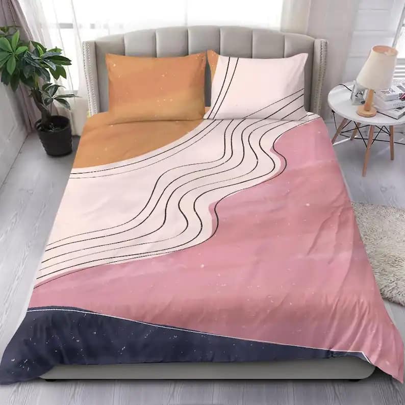 Artistic Abstract Drawing Of Nature Landscape And Geometric Line Pattern Quilt Bedding Sets