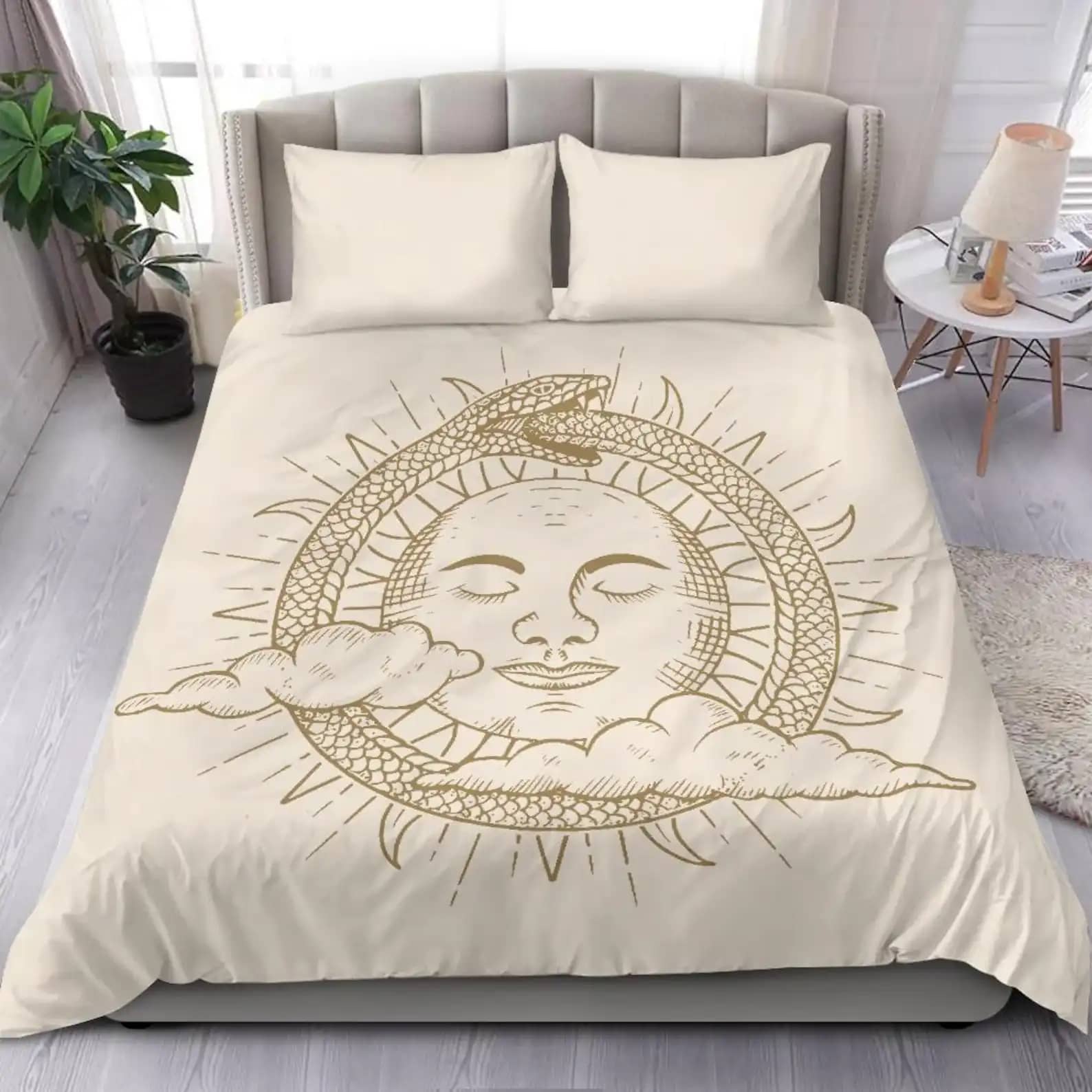 Astrology Bedding Peaceful Golden Sun Snake And Clouds Quilt Bedding Sets