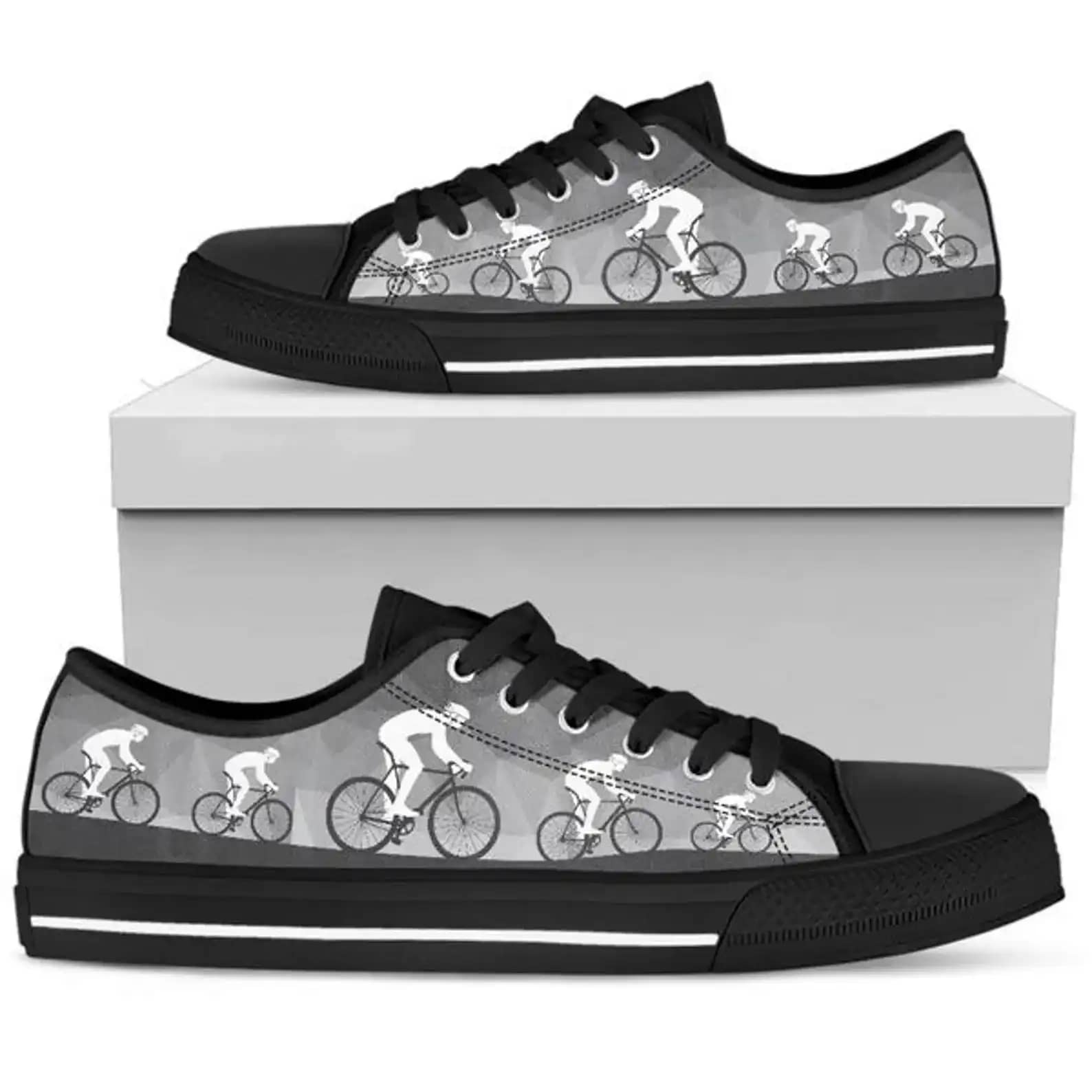 Bicycle Art Athletic Shoes Black And White Low Top Sneakers