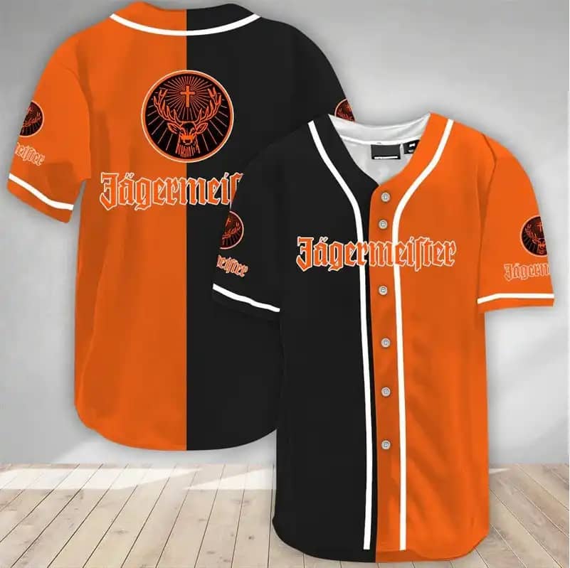 Black And Orange Split Jagermeister Beer Custom Baseball Jersey
