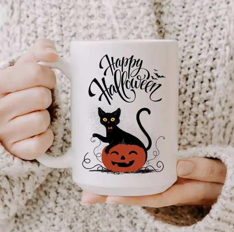 Black Cat And Funny Pumpkin Happy Halloween Gift Idea Mug