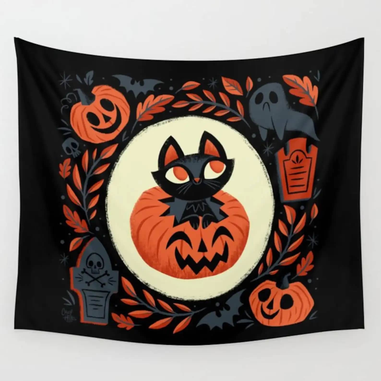 Black Cat Jack Pumpkin Happy Halloween Party Wall Art Decor Halloween Gifts Tapestry
