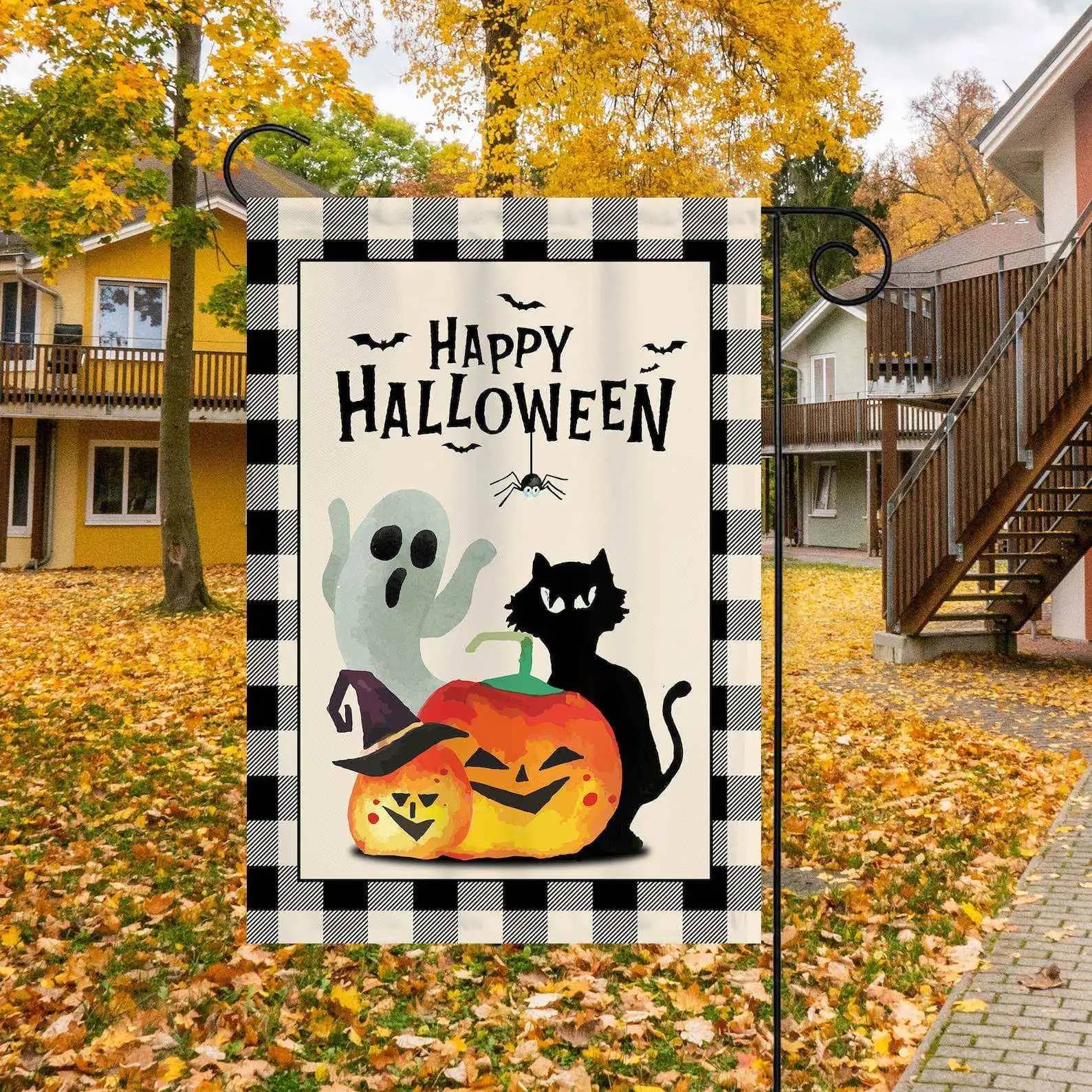 Black Cat Pumpkin Ghosts Happy Halloween Decoration Garden Flag