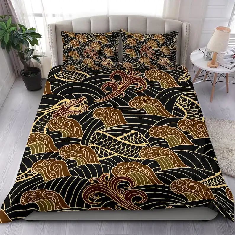 Black Oriental Japanese Dragon Luxurious Quilt Bedding Sets
