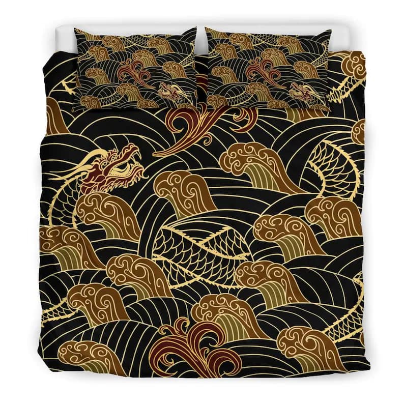 Inktee Store - Black Oriental Japanese Dragon Luxurious Quilt Bedding Sets Image