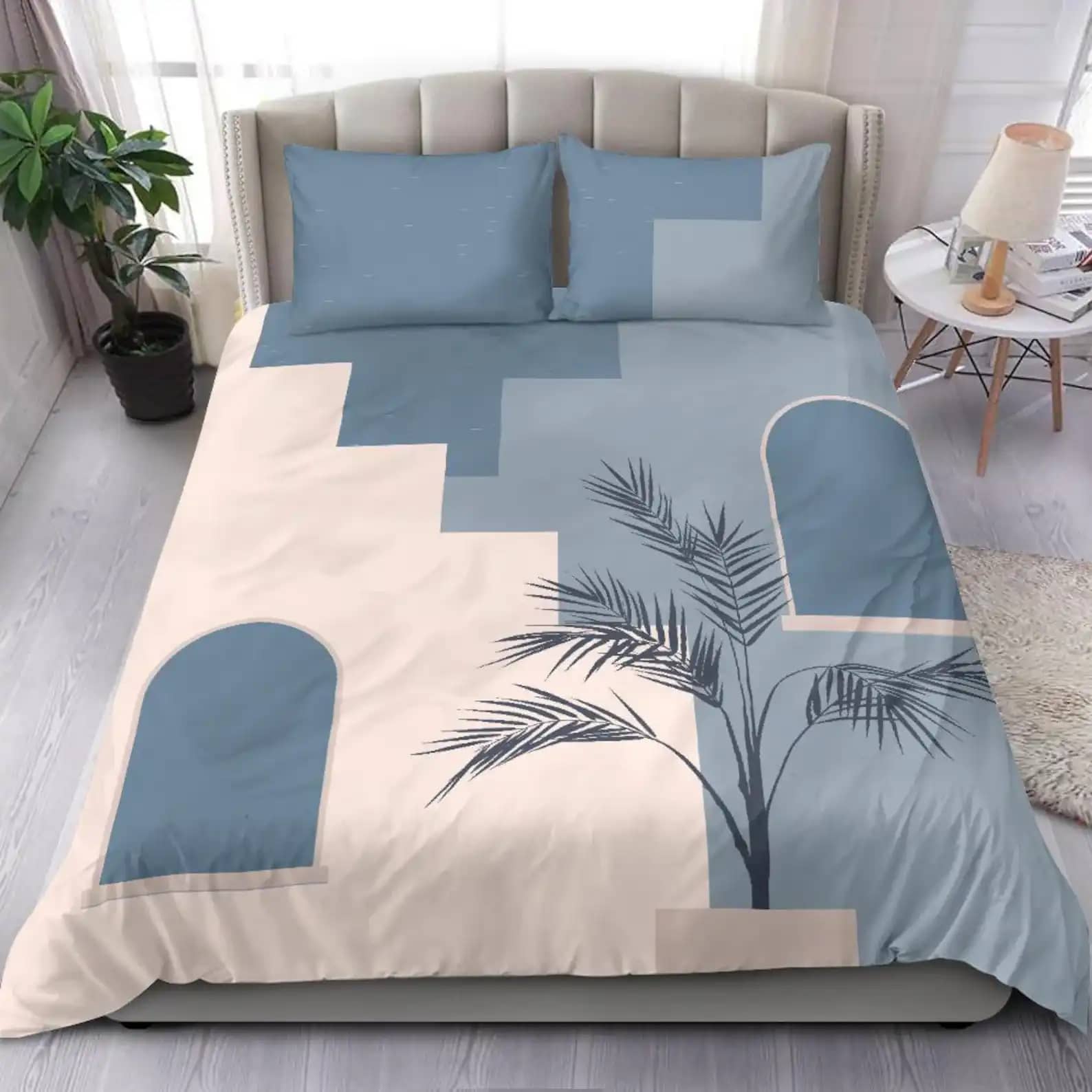 Blue Night A Garden Of Greece Palm Tree And Geometric Stairs Quilt Bedding Sets