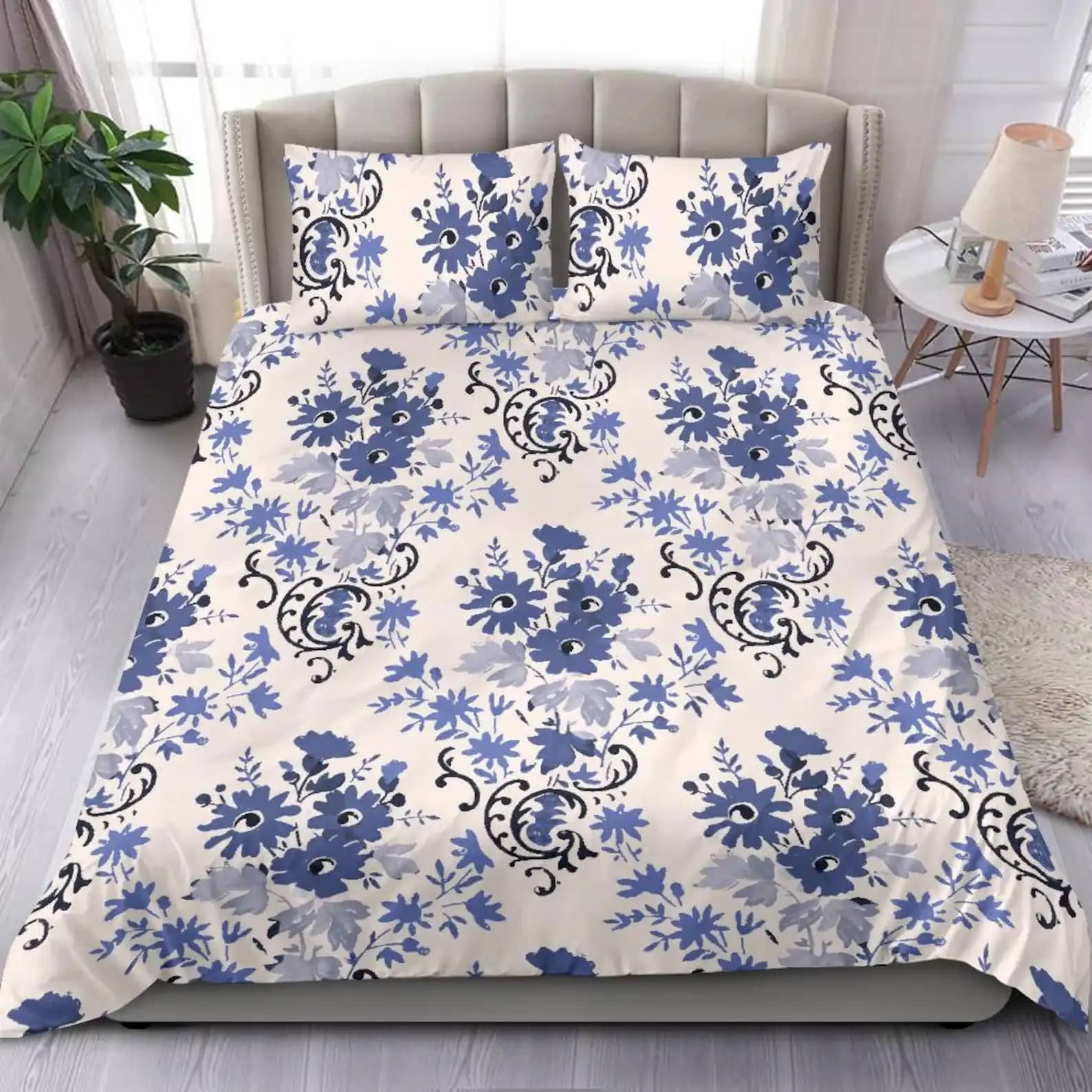 Blue Vintage Victorian Floral Wallpaper Pattern On White Background For A Lovely Sleep Quilt Bedding Sets