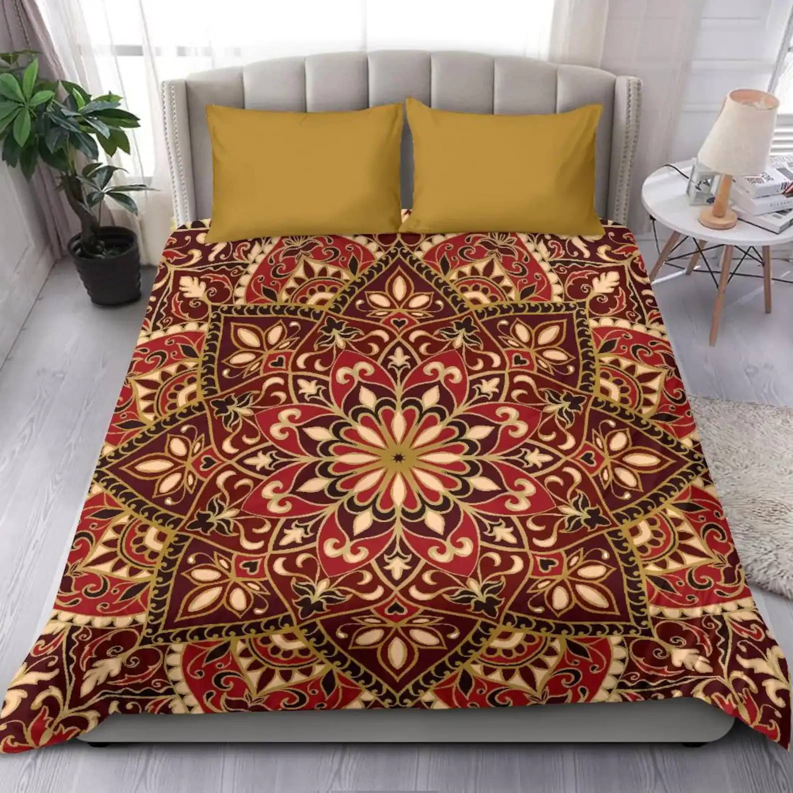Bohemian Red And Mustard Yellow Ornamental Indian Mandala Quilt Bedding Sets