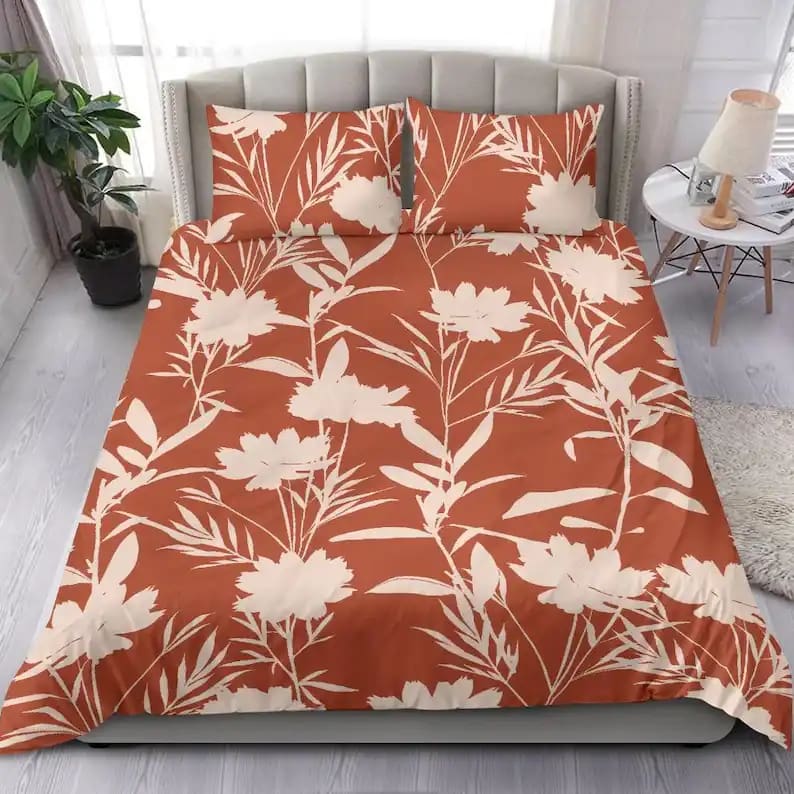 Burnt Orange Background With Beige Flower Field Quilt Bedding Sets