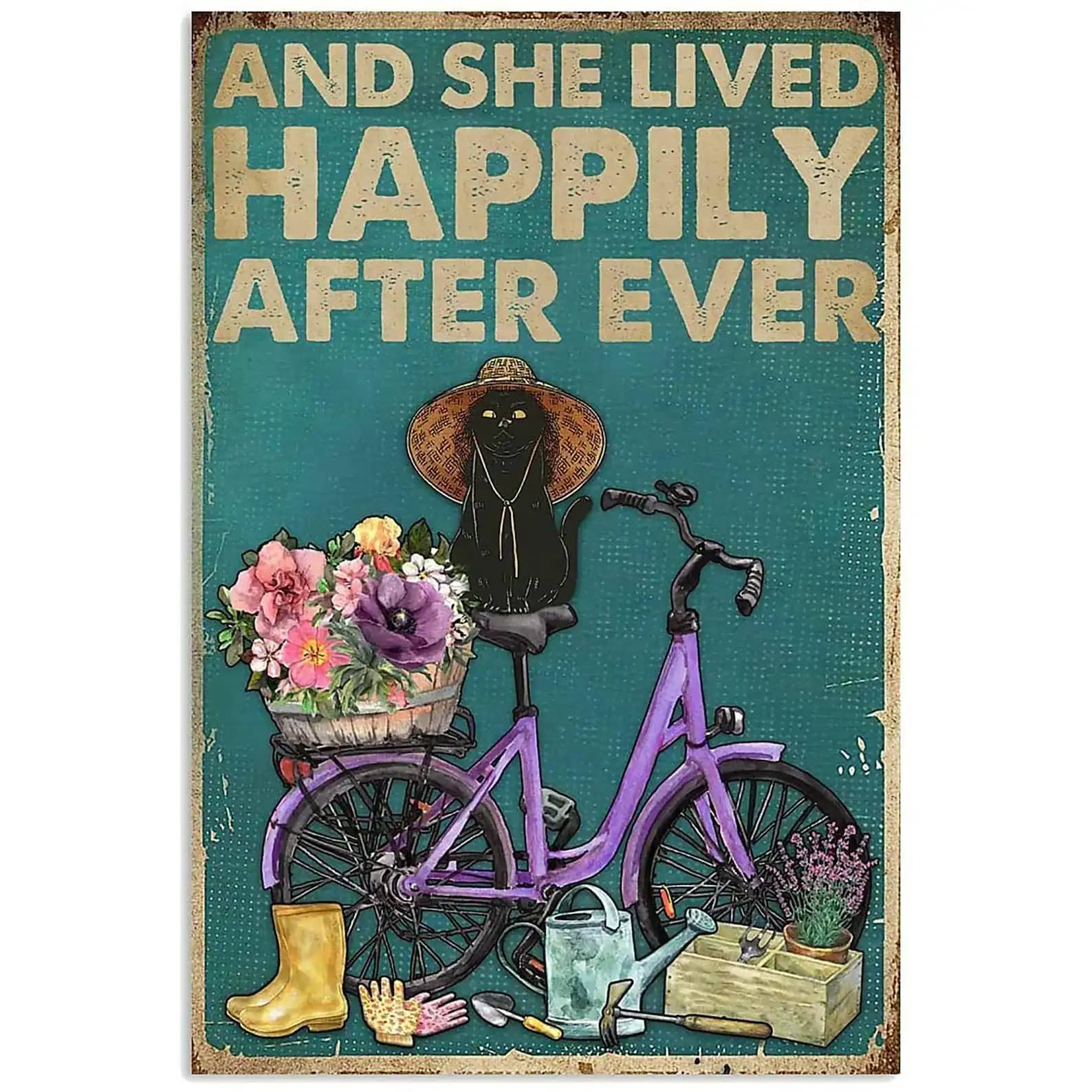 Cat Lived Happily Gardening Cave Farm Wall Decoration Gifts Metal Sign