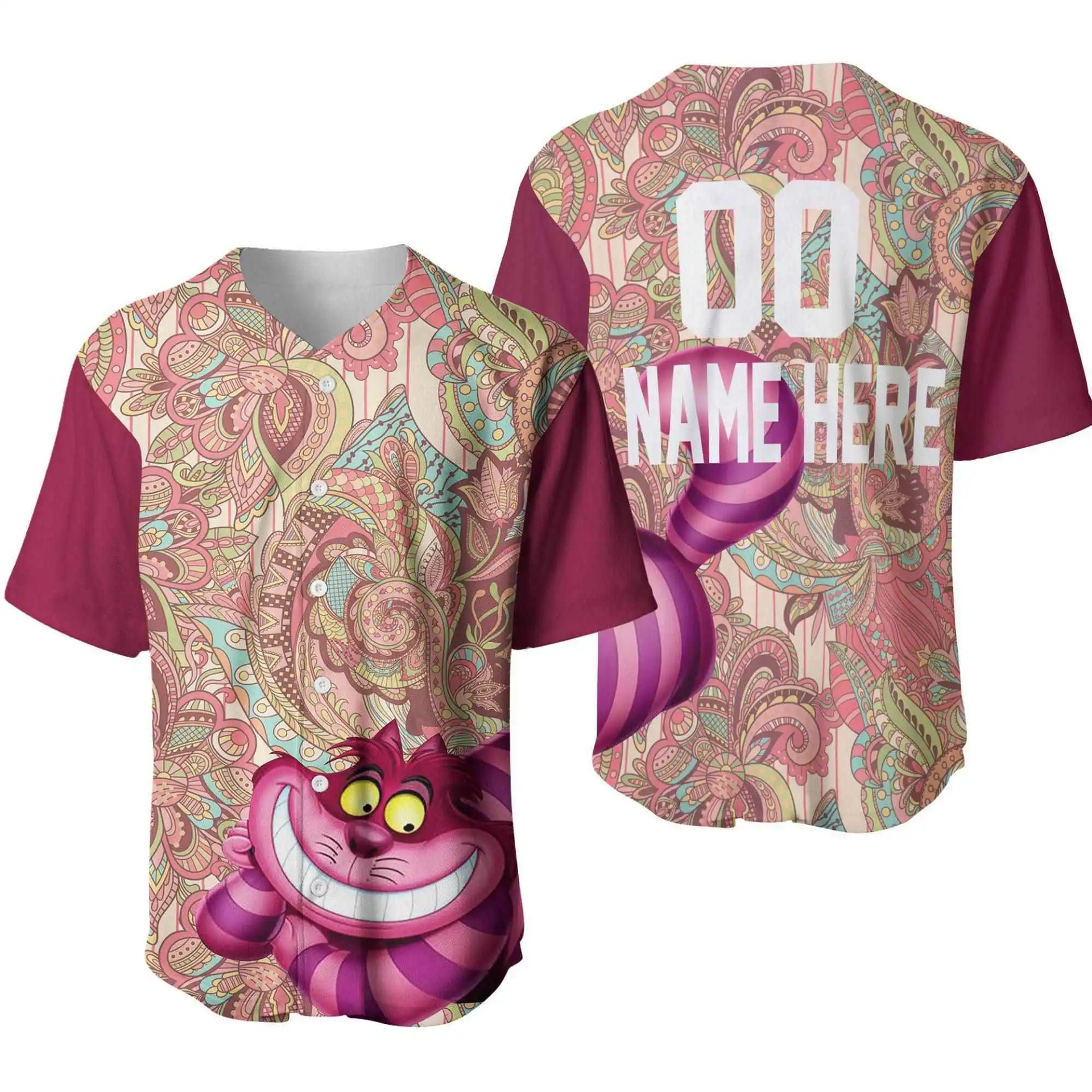 Cheshire Cat Flowery Pattern Rosewood Disney Unisex Cartoon Graphic Casual Outfits Custom Personalized Men Women Baseball Jersey
